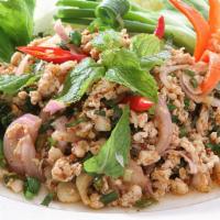 3. Larb · A choice of ground beef, ground pork or ground chicken cooked, mixed with chili, onion, lime...