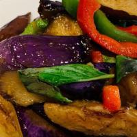1. Spicy Eggplant · Stir-fried eggplants with chili, bell pepper, and basil.