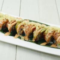 Crunch Salmon · in:Spicy salmon and cucumber.
top:Salmon,Avocado, crunch, spicy mayo