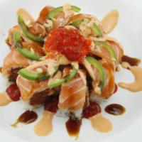 ORANGE BLOSSOM ROLL · In: spicy tuna, cucumber
Top: salmon, tobiko, jalapeno, spicy mayo
