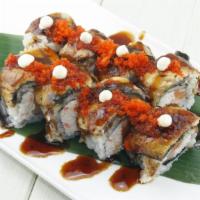Crazy Monkey · In : hamachi, salmon, crab salad
top : eel, tobiko, eel and cream sauce