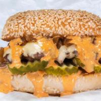 Smash Burger · Black Angus beef patty, white American cheese, pickles, diced onions, caramelized onions ＆ s...