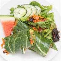 Collard Wrap · Raw-Vegan. Sunflower seed pate, tomatoes, carrots, cucumbers, onions, avocado, alfalfa sprou...