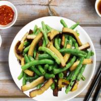 Vegan String Beans & Dried Bean Curd with Satay Sauce · String beans and dried bean curd stir fried with satay sauce.