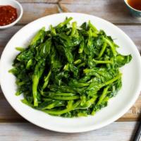 Stir Fried Pea Sprouts · Gluten free. Stir fried fresh pea sprouts with ginger.
