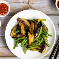 Eggplant & String Beans with Black Bean Sauce · Eggplants and fresh string beans stir fried in a black bean sauce.