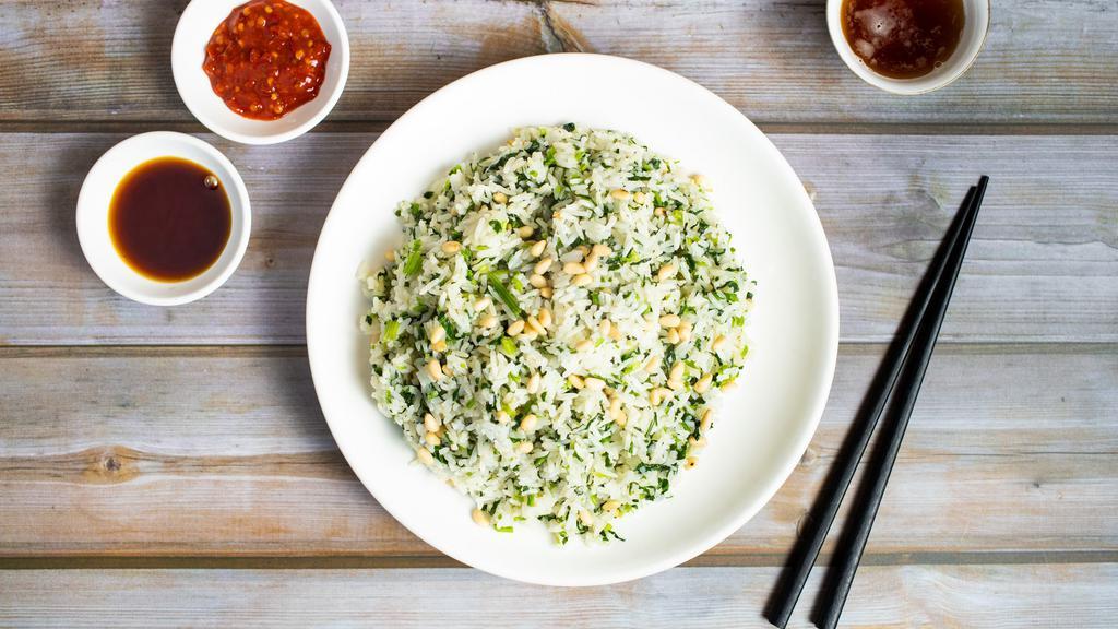 Spinach & Pine Nuts Fried Rice · Quick stir fried steamed white rice with pine nuts and spinach. Gluten free. Substitute brown rice for an additional charge.