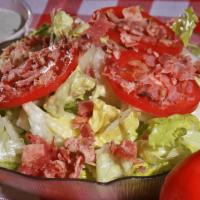 BLT Salad · Romaine & head lettuce mix with Sliced Roma Tomato, Applewood Smoked Bacon and your  choice ...
