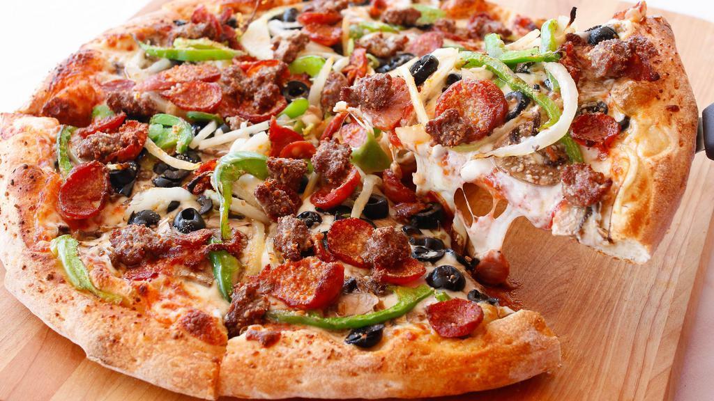 Chef’s Special 14″ Large · Two Kinds of Cheeses, Ground Beef, Goulart's Linguica, Fresh Sliced Mushrooms, California Black Olives, Topped with Fresh Bell Peppers, Onions, Grated Romano and Parmesan cheese. 12 slices.