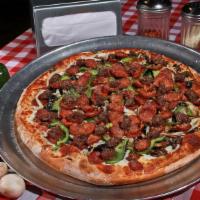 Chef’s Special 12″ Small · Two Kinds of Cheeses, Ground Beef, Goulart's Linguica, Fresh Sliced Mushrooms, California Bl...
