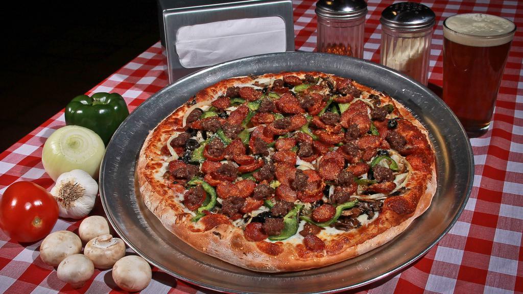 Chef’s Special 12″ Small · Two Kinds of Cheeses, Ground Beef, Goulart's Linguica, Fresh Sliced Mushrooms, California Black Olives, Topped with Fresh Bell Peppers, Onions, Grated Romano and Parmesan cheese. 10 slices.