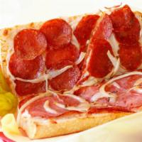 Pizza Sub · Zesty pizza sauce, mozzarella, pepperoni, salami & onions served on served on Bordenave’s to...