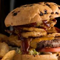 BBQ Smokehouse Burger · bacon, cheddar, BBQ, lettuce, tomato, onion strings