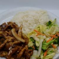 101. Chicken Teriyaki Combo · Teriyaki chicken cooked with onion, salad , serve with Steamed Rice, Fried Rice, Noodles, or...