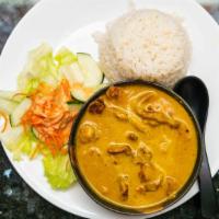 112. Chicken Coconut Curry · Spicy. Curry Chicken onside, serve with salad, and choice of steamed rice, fried rice, noodl...