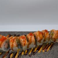 301. Lion King Roll · Topped with blowtorch salmon, masago, spicy mayo, and unagi sauce; inside with raw tuna, imi...