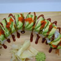 302. Dragon Roll · Shrimp tempura, cream cheese, topped with avocado, masago, unagi sauce.