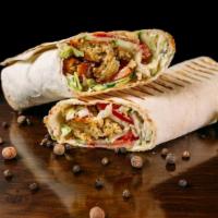 Chicken and Beef Shawarma Sandwich · Delicious juicy chicken and beef wrapped with hummus, tahini, tzatziki, red onion, hot sauce...