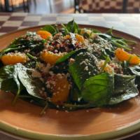Spinach Salad · Honey mustard dressing with mushrooms, onions, bacon, mandarin oranges, and Feta cheese. Add...