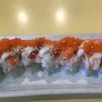 Mexican Roll · Mild spicy. California roll, cooked shrimp, tobiko, sauce.