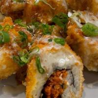 Dynamite · Mild spicy. Batter-deep fried spicy tuna roll, bean sprout, sauces.
