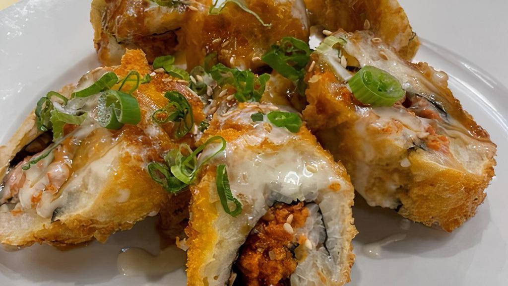 Dynamite · Mild spicy. Batter-deep fried spicy tuna roll, bean sprout, sauces.