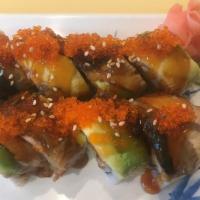 Y2K · Deep fried hamachi, crab meat, avocado, unagi, sauce.