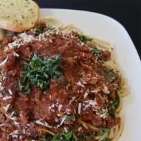 Spaghetti with Meat Sauce · Spaghetti pasta drenched in homemade meat sauce.