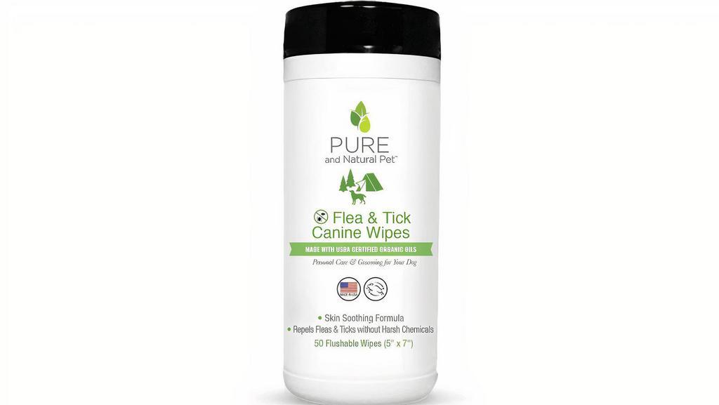 Pure - Flea & Tick Canine Wipes · Made with USDA certifed organic oils

skin smoothing formula
repels fleas and ticks without harsh chemicals
50 flushable wipes (5x7).