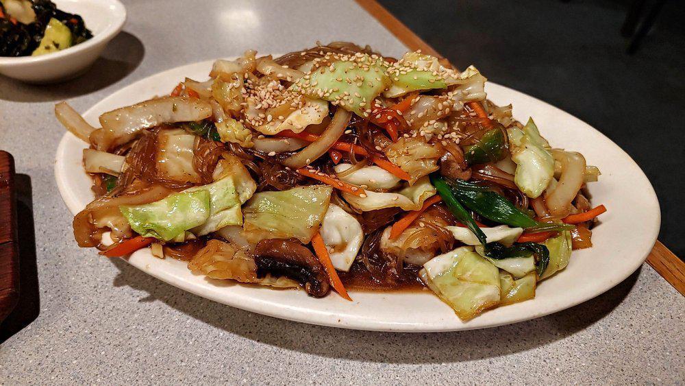 Japchae · Vegetarian. delicately seasoned clear noodles with vegetables.