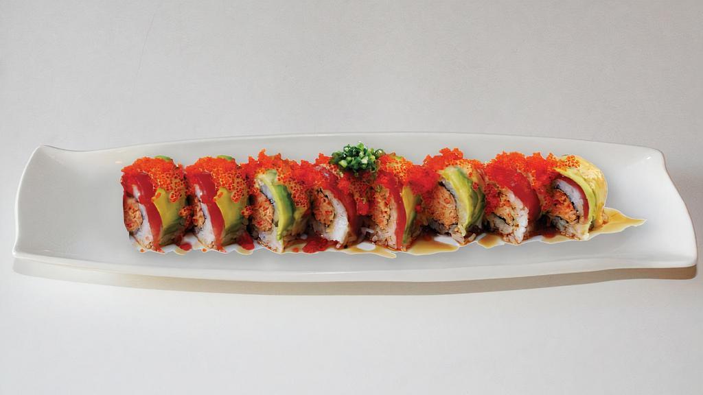 Sushi Girl · In: spicy imitation crab. Out: tuna, avocado, tobiko, spicy mayo, unagi sauce.