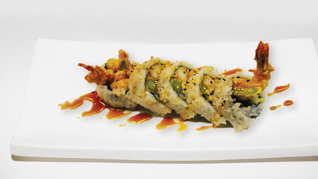 Tempura Maki · In: shrimp tempura, asparagus, avocado, cucumber. Out: unagi sauce.