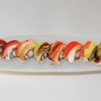 Dragon Roll · In: shrimp tempura, cucumber. Out cooked eel, imitation crab, avocado, unagi sauce.