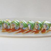 Green Dragon · In: imitation crab, shrimp tempura. Out avocado, special sauce.