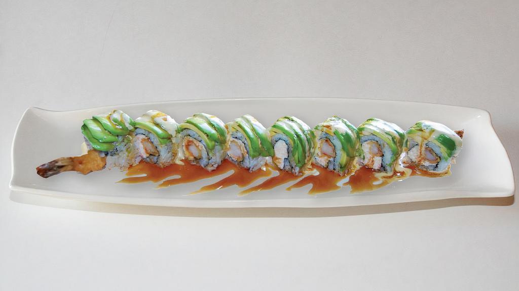 Green Dragon · In: imitation crab, shrimp tempura. Out avocado, special sauce.