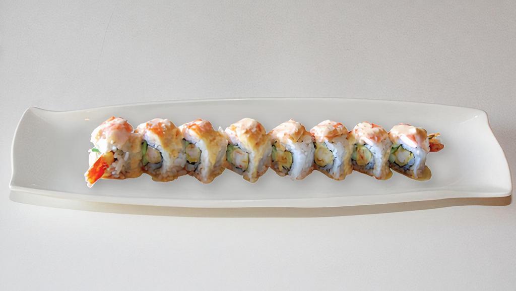 Spicy 007 Roll · In: shrimp tempura, cucumber, spicy imitation crab, avocado. Out cooked shrimp, spicy sauce.