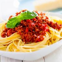 Ground Beef Spaghetti · Savory ground beef mixed in our homemade spaghetti with a choice of sauce.
