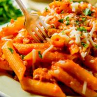 Ground Beef Penne · Savory ground beef mixed in our homemade penne with a choice of sauce.