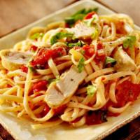 Grilled Chicken Linguine · Customer's choice of grilled chicken linguine pasta made with fresh-cut garlic, green pepper...