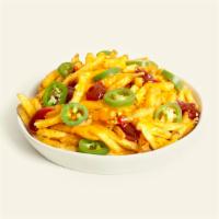 Loaded Fries · Fresh cut french fries with bbq sauce, melted vegan cheese, and jalapenos.