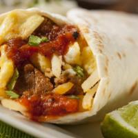 Bacon, Chorizo, Eggs, & Cheese Burrito · Crispy turkey bacon strips, chorizo sausage, scrambled eggs, and melted cheese wrapped in a ...