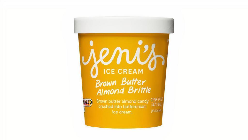Jeni's Brown Butter Almond Brittle  · Brown-butter-almond candy crushed into buttercream ice cream. Gluten-free. Contains tree nuts and dairy. We cannot make substitutions.