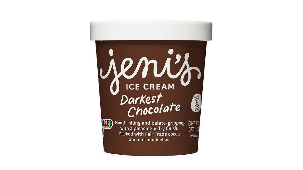 Jeni's Darkest Chocolate · Mouth-filling and palate-gripping with a pleasingly dry finish. The most amount of Fair Trade cocoa and the least amount of anything else. Gluten-free. Contains dairy. We cannot make substitutions.