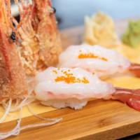 Amaebi Nigiri Sushi · Two pieces of sweet shrimp.