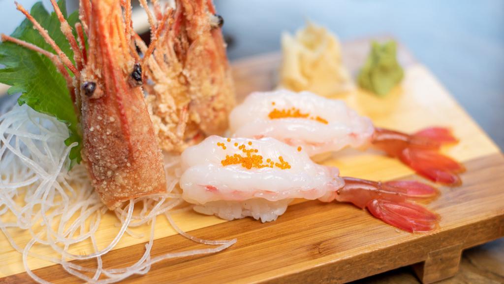 Amaebi Nigiri Sushi · Two pieces of sweet shrimp.