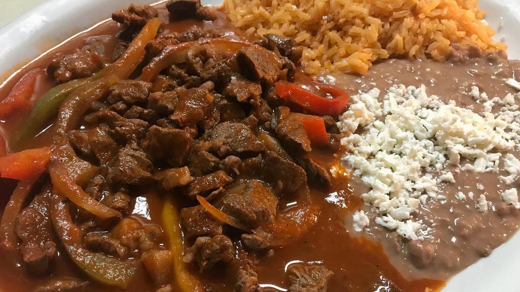 Steak Ranchero Dinner · Steak strips in ranchera sauce. Served with choice of beans, rice, and tortillas.