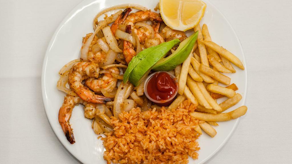 Shrimp in Fresh Garlic and Fresh Onion Sauce Plate /  Camarones Mojo de Ajo · Served with Rice, Refried Beans and Tortillas