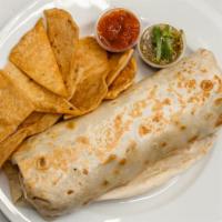 Super Burrito · Super Burrito Choice of Meat,  Rice , Whole Beans, Sour Cream, Guacamole, Cheese, Pico De Ga...