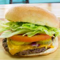 Single Classic Burger (1/4lb) · mayo, ketchup, diced red onions, dill pickle slices, tomato slice, shredded iceberg lettuce