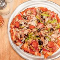 King Arthur'S Supreme Pizza · Pepperoni, Italian sausage, salami, linguica, mushrooms, green peppers, yellow onions, black...